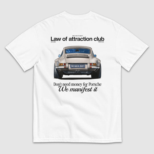 White t-shirt with a vintage car graphic and text on a gray background